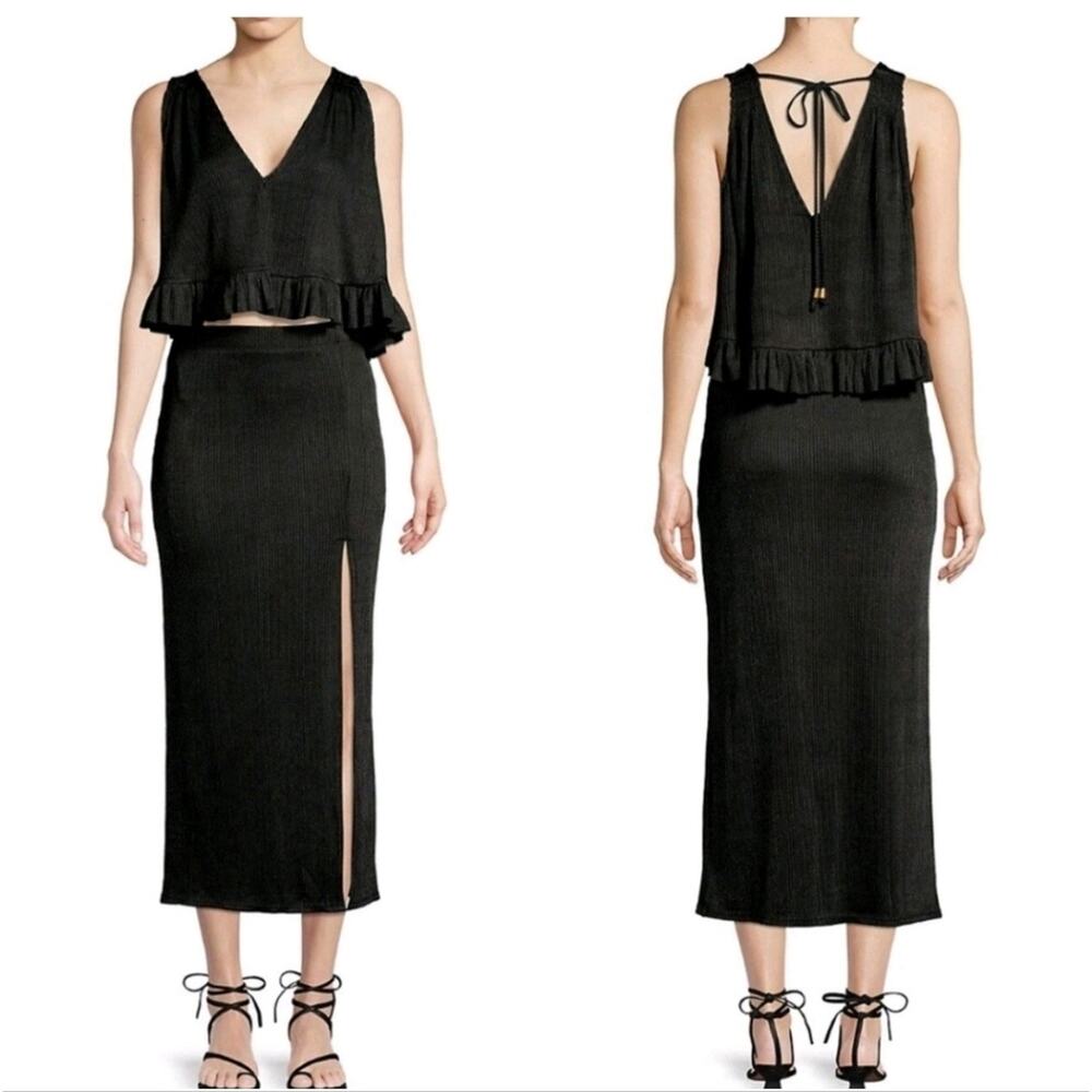 Free People No Excuses 2pc Skirt Set Black Ribbed Midi Side Slit Size L